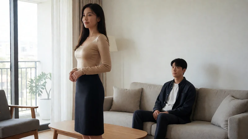 麻豆视频情侣短片题材图：虚构成年女子穿香槟色上衣站在客厅回头，成年伴侣坐在远处，非实际作品画面
