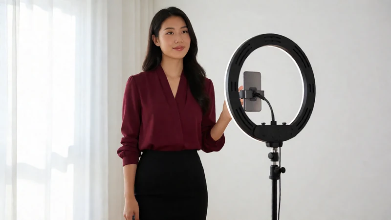 麻豆视频创作者题材图：虚构成年女子穿黑色短裙在现代拍摄空间调整灯光，非苏畅或孟若羽本人