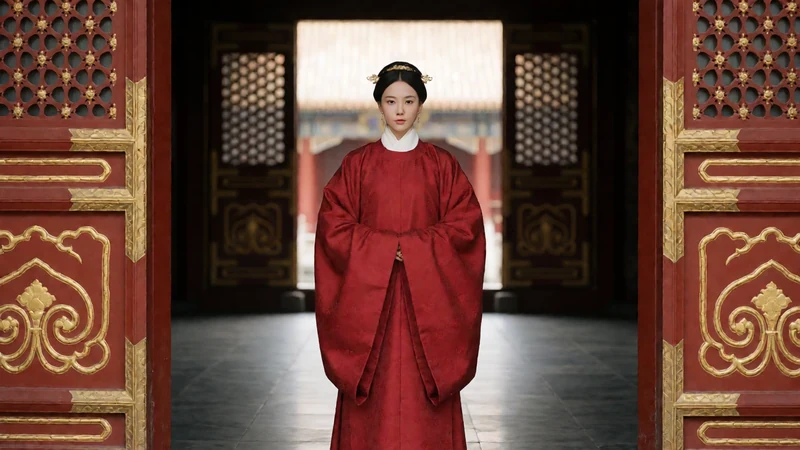 麻豆视频古装角色题材图：虚构成年女子穿暗红色古装站在殿堂门廊，非实际作品画面
