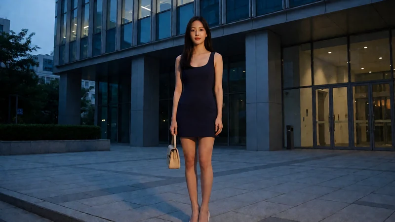 麻豆视频都市关系题材图：虚构成年女子穿深蓝连衣裙在夜间办公楼外等候，非实际作品画面